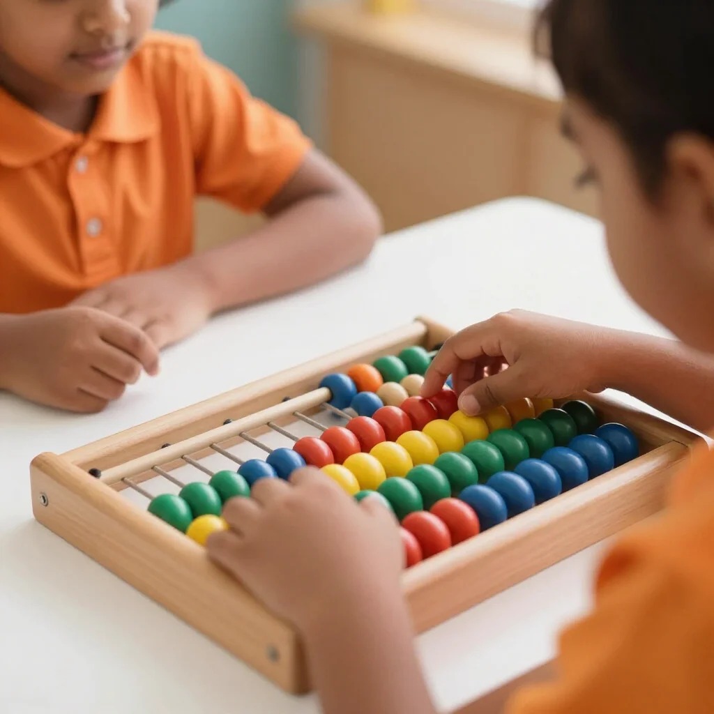Children practising on a colourful abacus